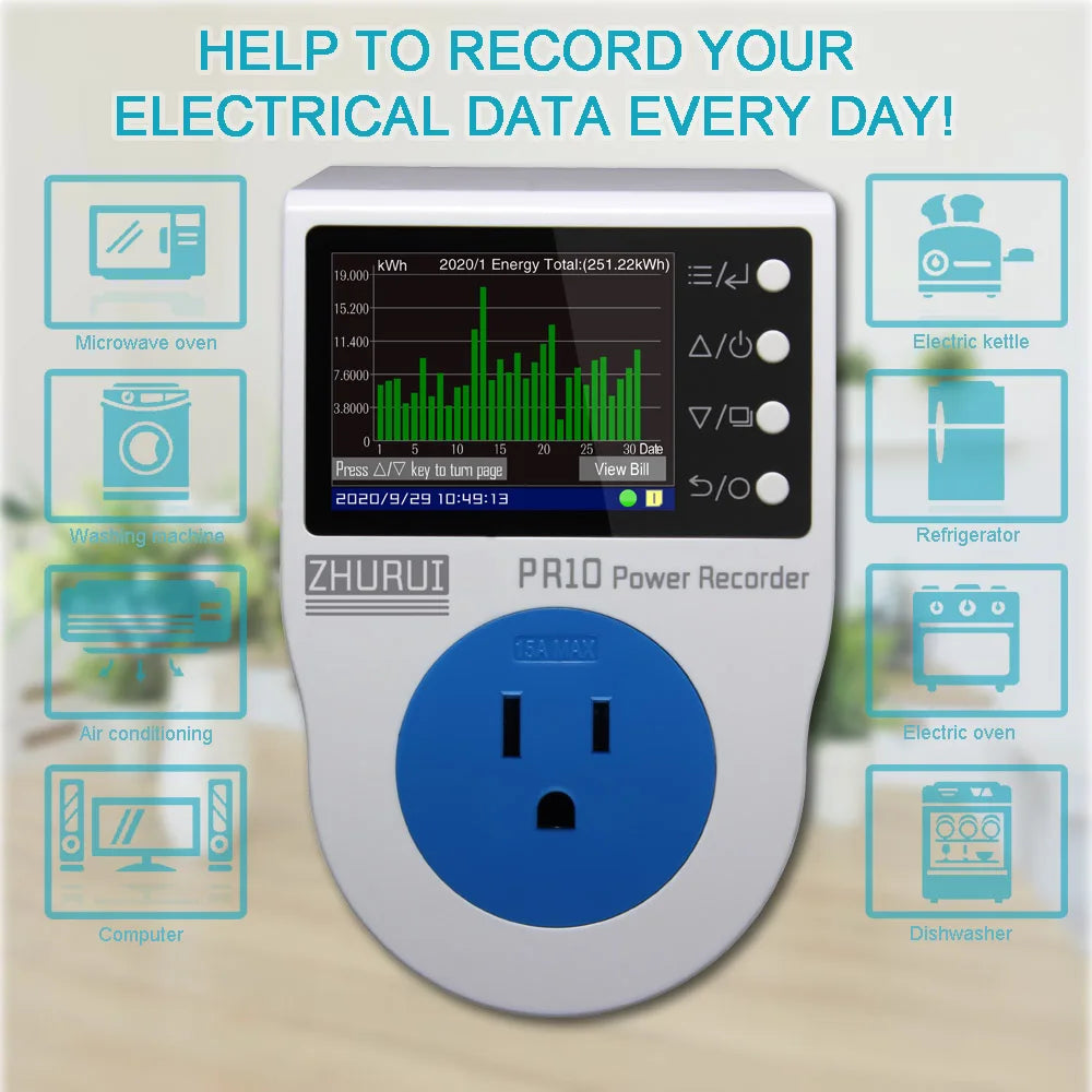 PR10-E US Plug 15A Power Watt Meter Socket Energy Kwh Electricity Meter for Monitoring Home Appliance Consumption