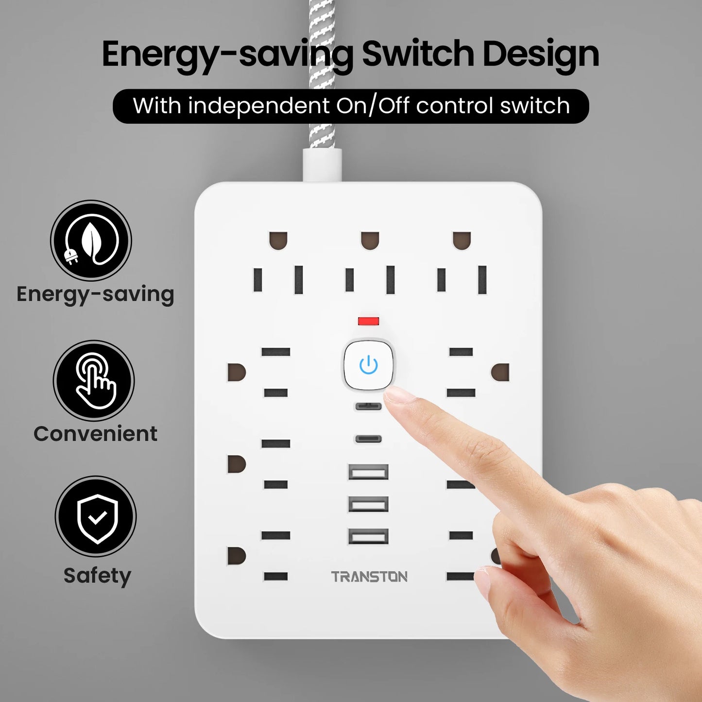 TRANSTON power strip surge protector with 9 Ac Outlets,3 USB & 2 USB-C,5ft Cable,45° tilt plug,white
