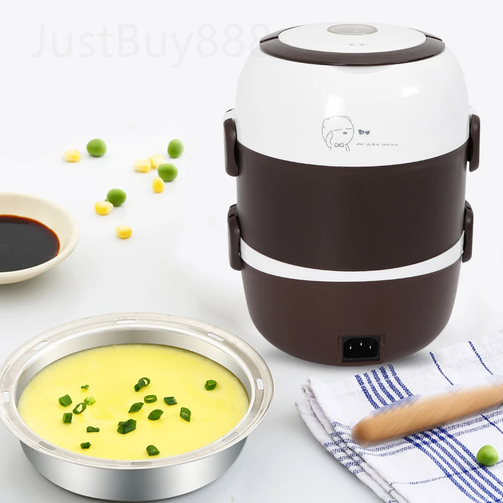 2L 3 Layers Electric Lunch Box 200W Food Warmer Stainless Steel Portable Steamer Pot Rice Cooker Of Auto Shut Off Protector
