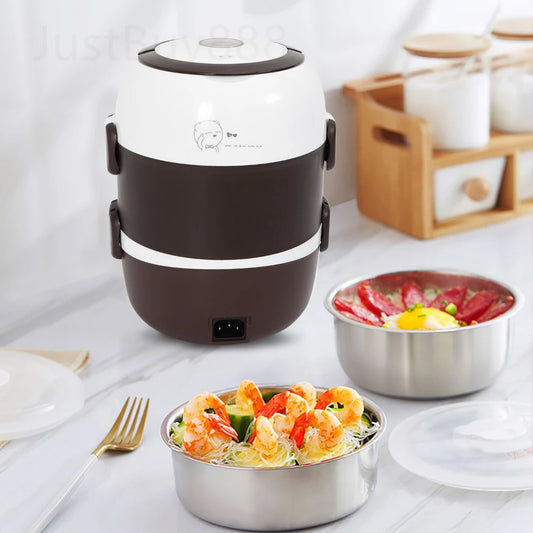 2L 3 Layers Electric Lunch Box 200W Food Warmer Stainless Steel Portable Steamer Pot Rice Cooker Of Auto Shut Off Protector