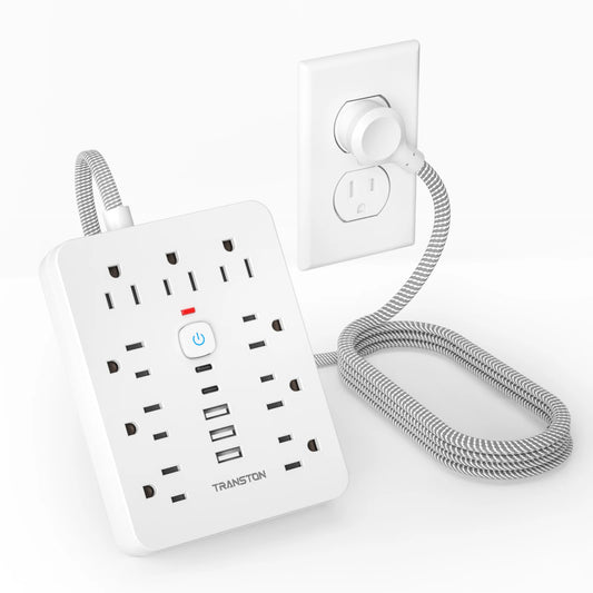 TRANSTON power strip surge protector with 9 Ac Outlets,3 USB & 2 USB-C,5ft Cable,45° tilt plug,white