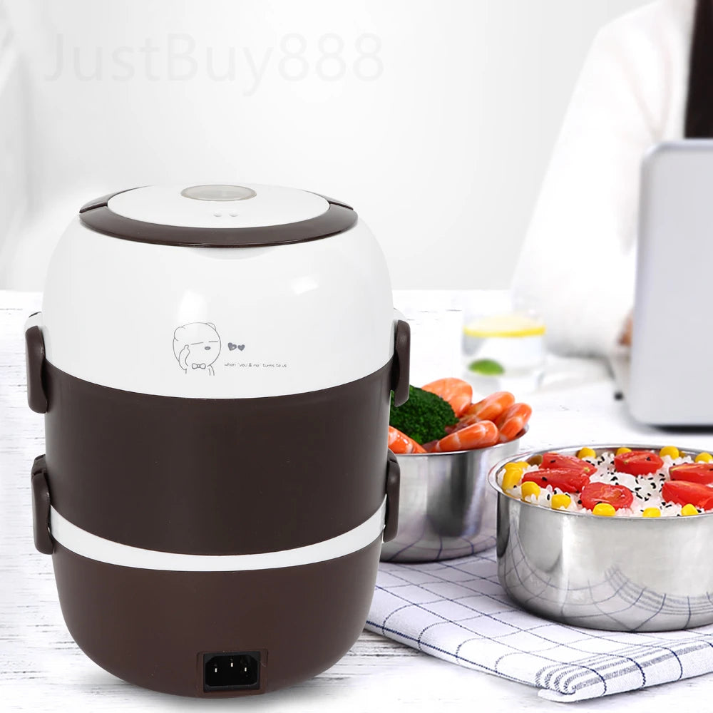 2L 3 Layers Electric Lunch Box 200W Food Warmer Stainless Steel Portable Steamer Pot Rice Cooker Of Auto Shut Off Protector
