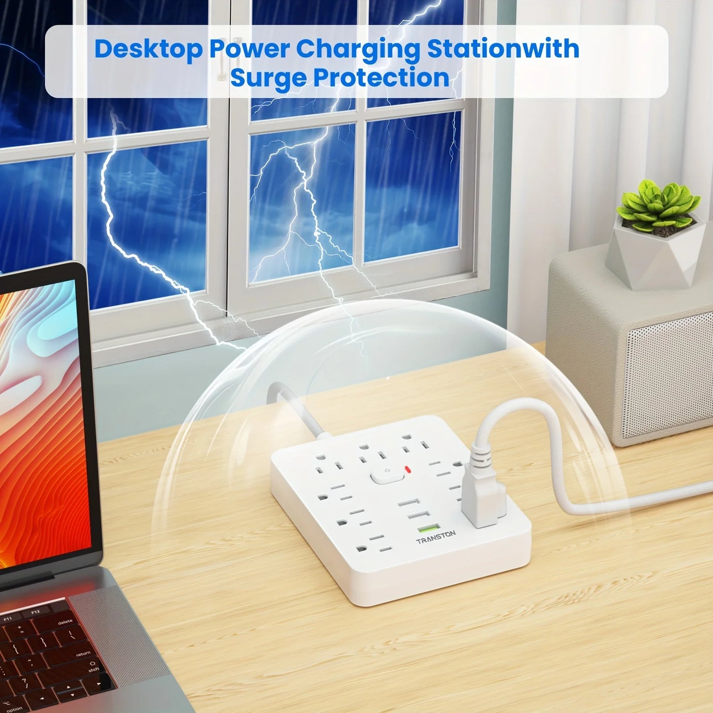 TRANSTON Power strip with Surge Protector, 9 power strip 3 USB Ports,5ft Extension Cord, Quick Charge, For Home and Off