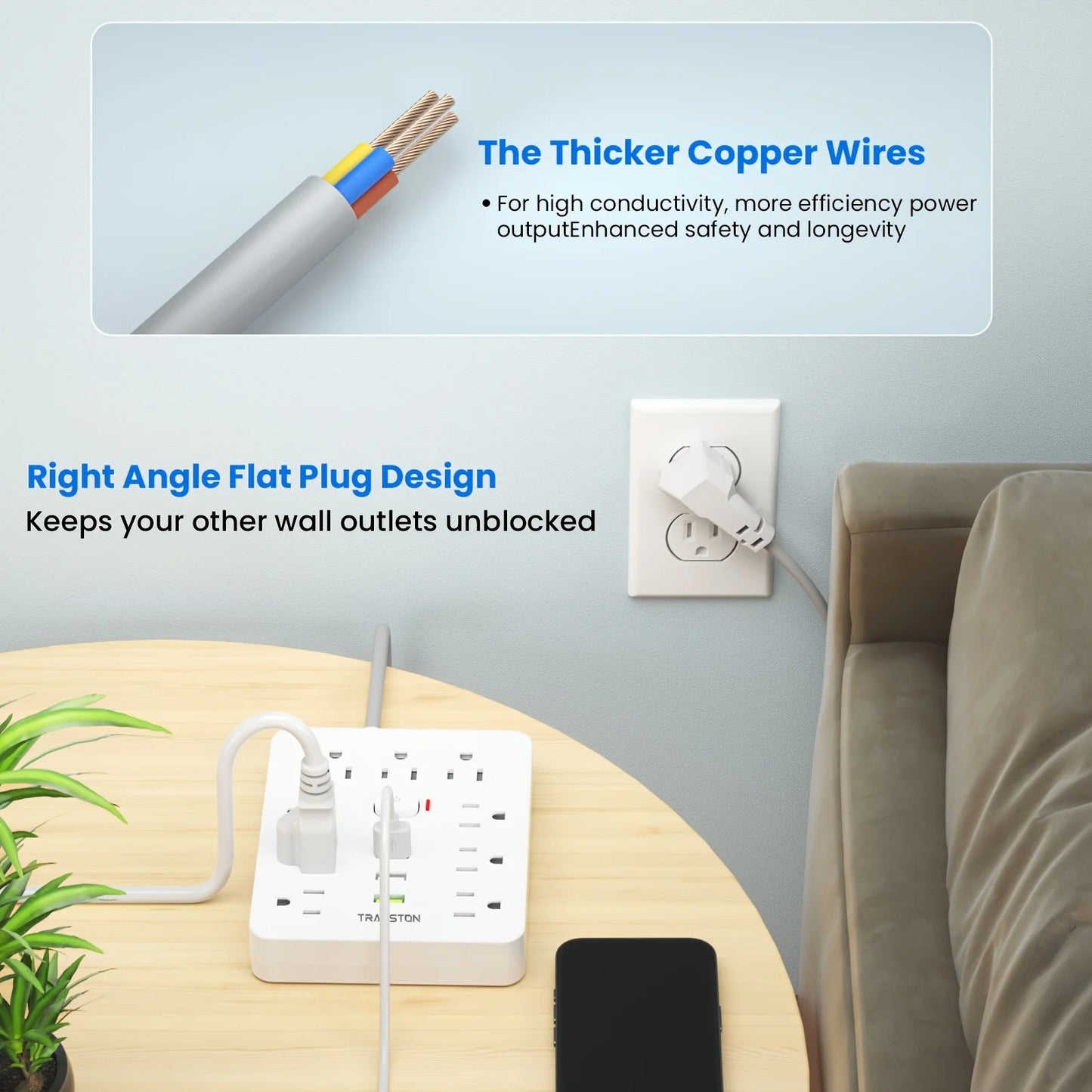 TRANSTON Power strip with Surge Protector, 9 power strip 3 USB Ports,5ft Extension Cord, Quick Charge, For Home and Off