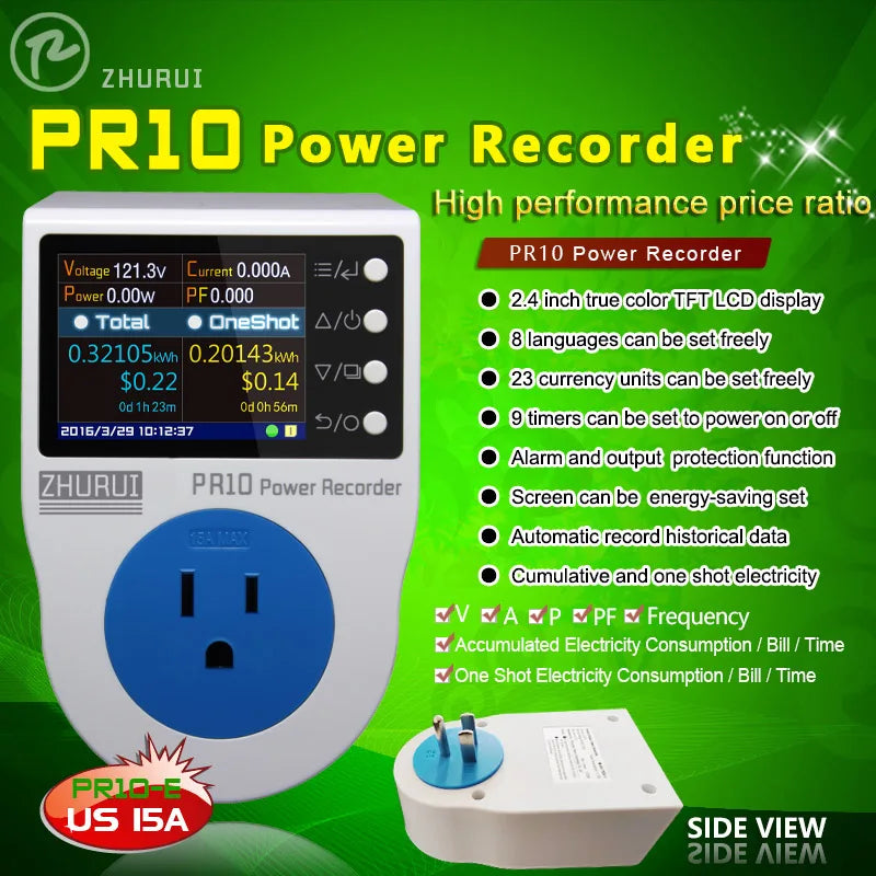 PR10-E US Plug 15A Power Watt Meter Socket Energy Kwh Electricity Meter for Monitoring Home Appliance Consumption