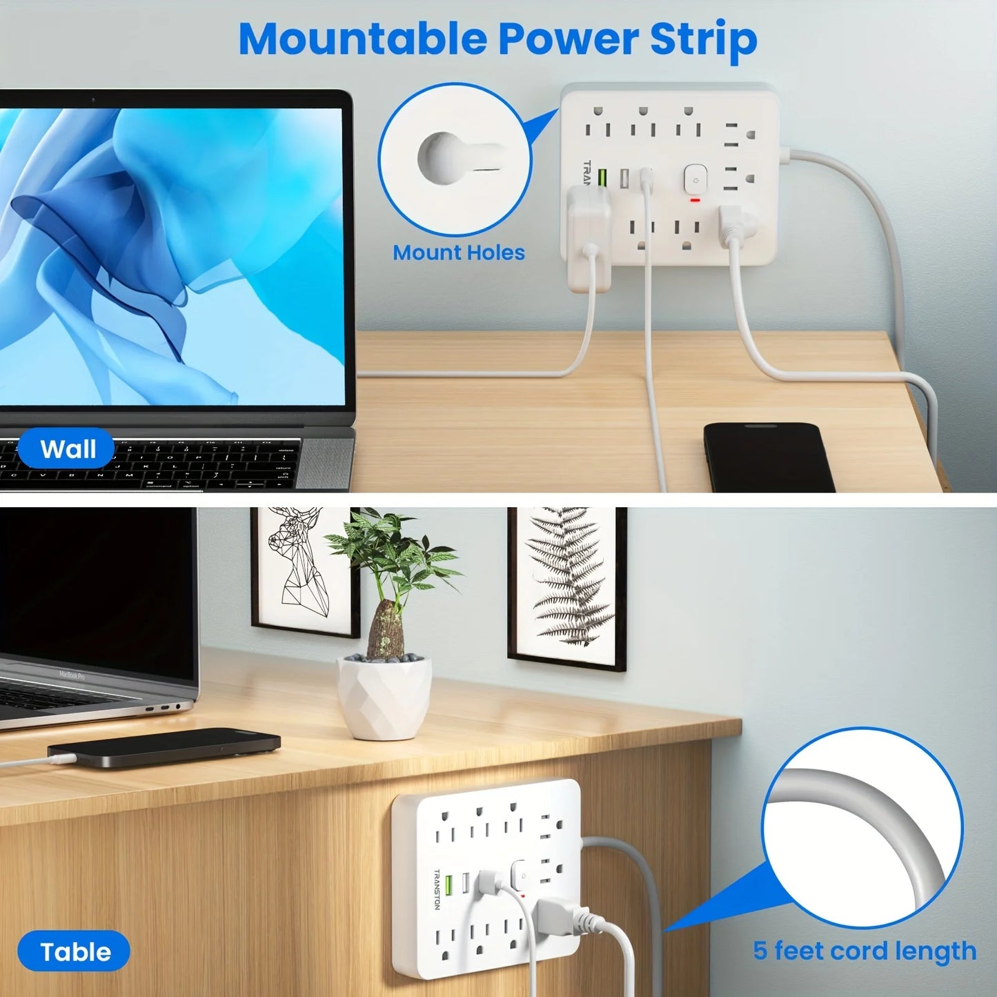 TRANSTON Power strip with Surge Protector, 9 power strip 3 USB Ports,5ft Extension Cord, Quick Charge, For Home and Off