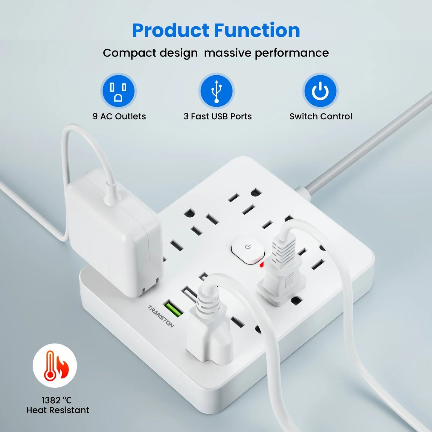 TRANSTON Power strip with Surge Protector, 9 power strip 3 USB Ports,5ft Extension Cord, Quick Charge, For Home and Off