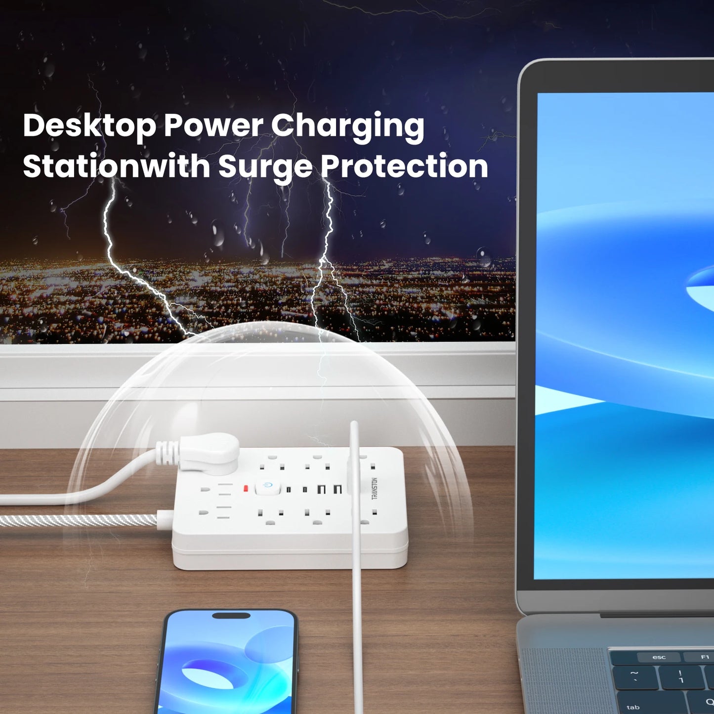TRANSTON power strip surge protector with 9 Ac Outlets,3 USB & 2 USB-C,5ft Cable,45° tilt plug,white