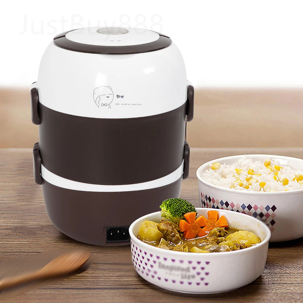 2L 3 Layers Electric Lunch Box 200W Food Warmer Stainless Steel Portable Steamer Pot Rice Cooker Of Auto Shut Off Protector