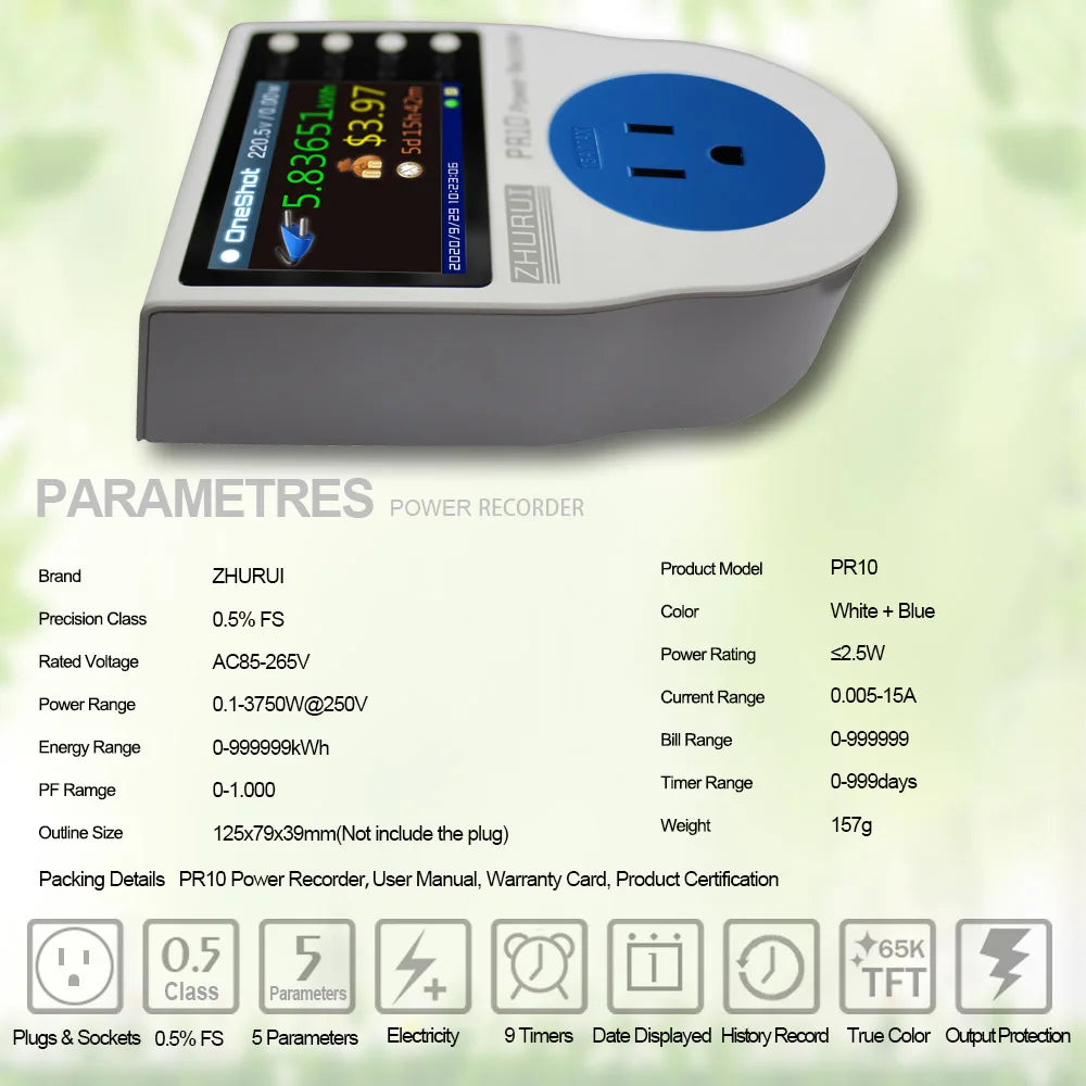 PR10-E US Plug 15A Power Watt Meter Socket Energy Kwh Electricity Meter for Monitoring Home Appliance Consumption