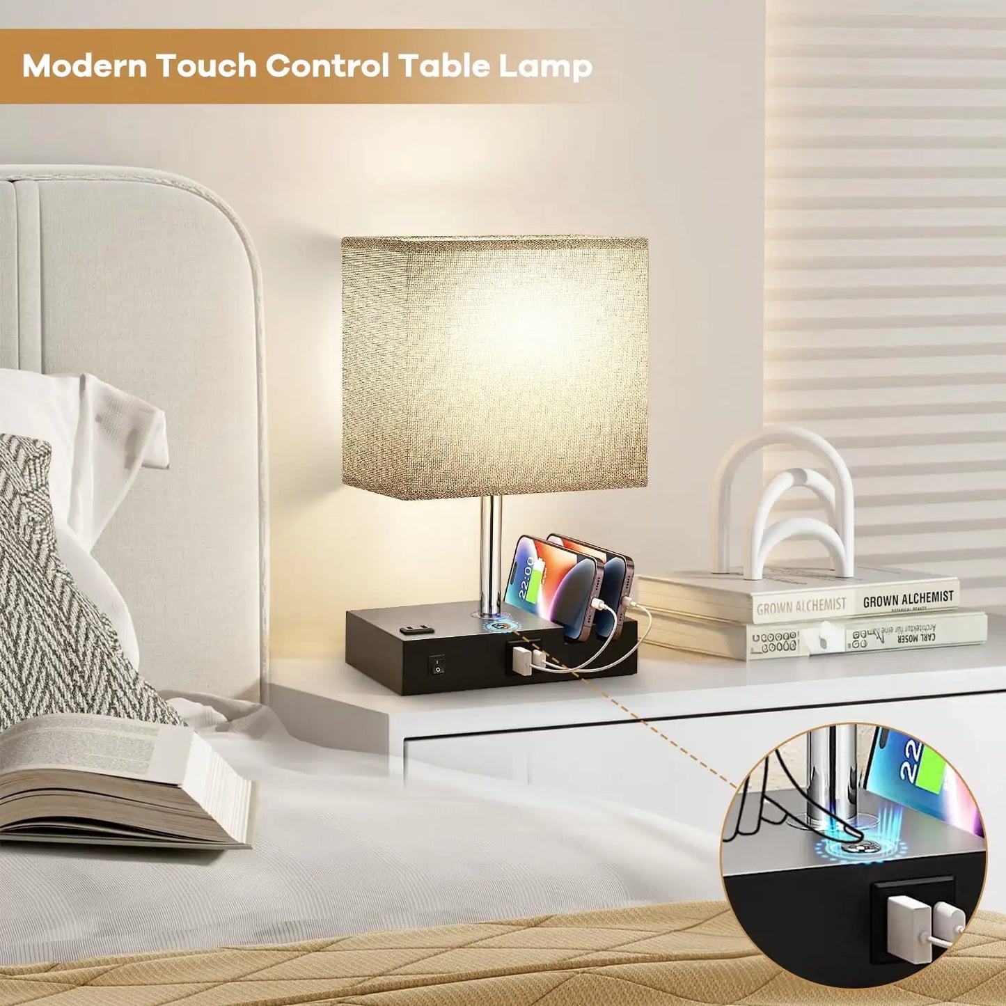 Bedside Table Lamp for Bedroom Office Nightstand Lamp with AC Outlet Port 2 USB Charging Ports & 3 Way Dimmable Touch Lamp