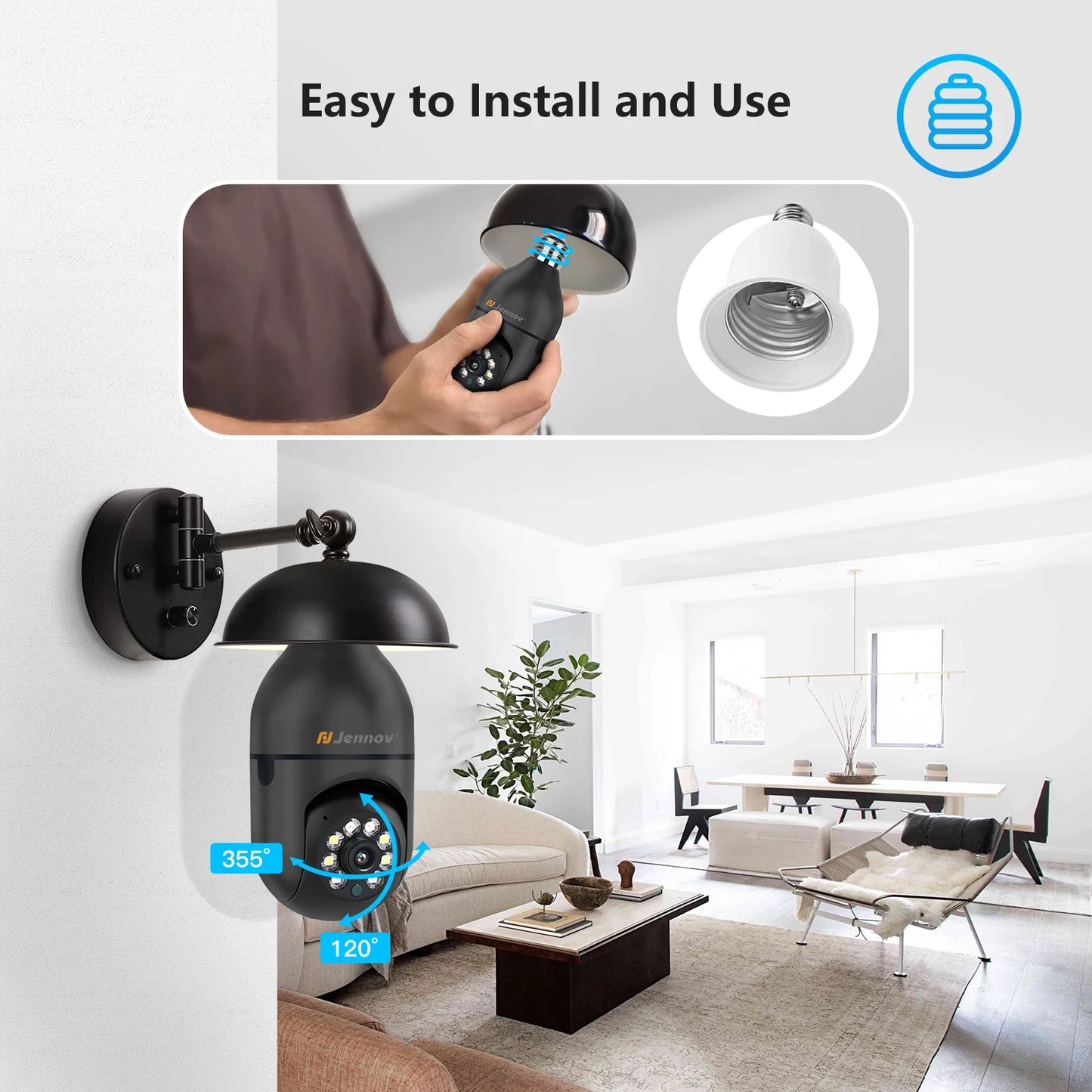 Jennov 3MP Light Bulb Security Camera 360°/2k HD Wireless Camera 2.4/5 Ghz Wi-Fi Light Socket Camera Video Home Security Monitor