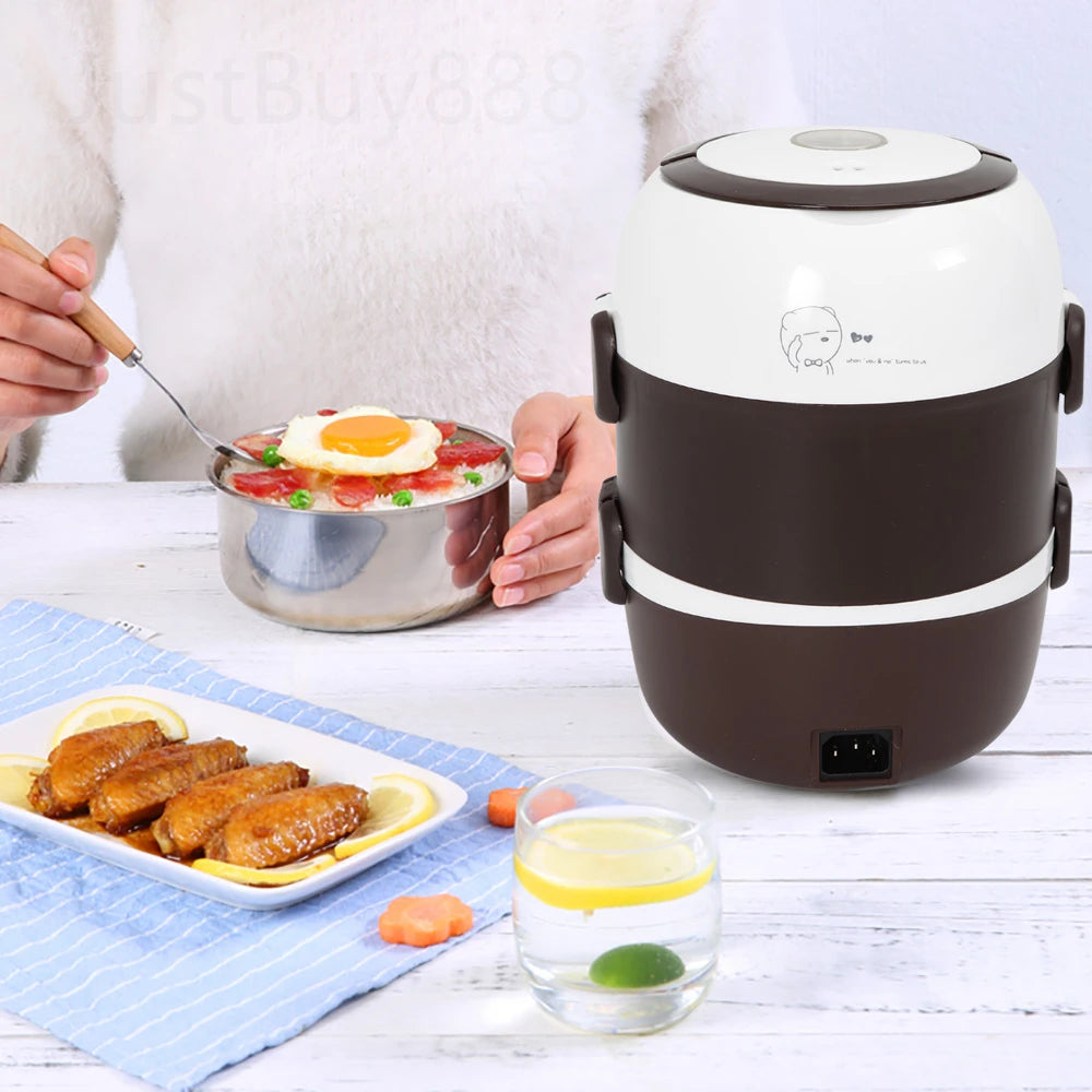 2L 3 Layers Electric Lunch Box 200W Food Warmer Stainless Steel Portable Steamer Pot Rice Cooker  Of Auto Shut Off Protector