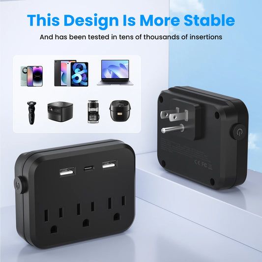 TRANSTON US,Switch with surge protector Mini Portable power strip  6-in-1 Multifunctional 3 power strip  2 USB ports 1 USB-C