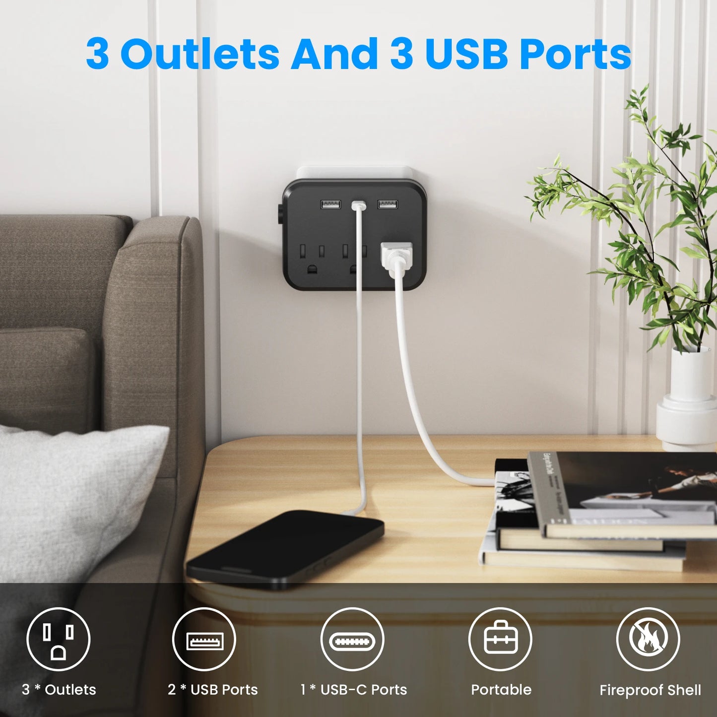 TRANSTON US,Switch with surge protector Mini Portable power strip  6-in-1 Multifunctional 3 power strip  2 USB ports 1 USB-C