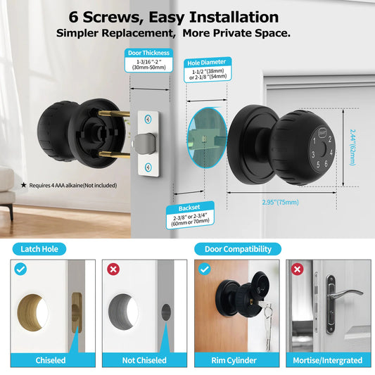 Viladepot Ball-Shaped Smart Lock Fingerprint, App-Controlled, Passcode, and Electronic Touchscreen Keypad Door Lock Smart Handle