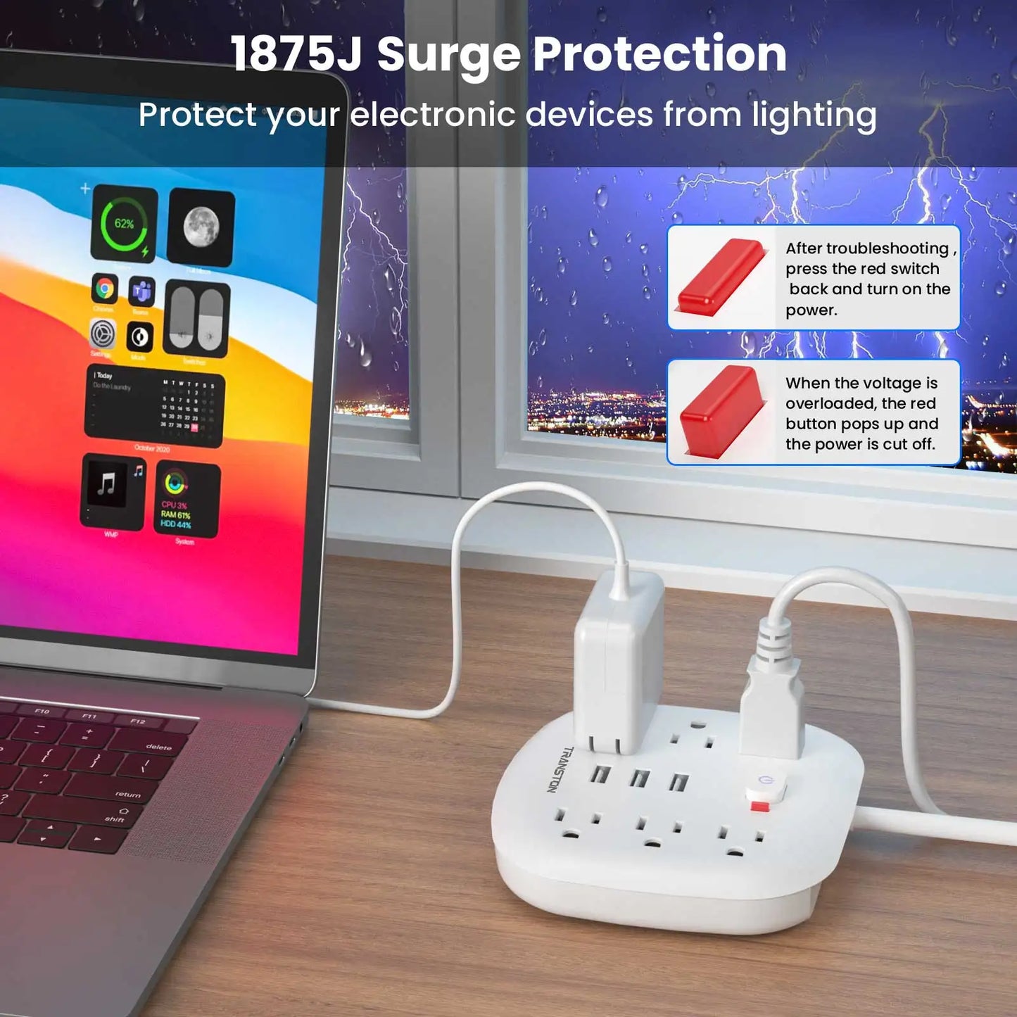 TRANSTON Power Outlet with Surge Protector, 6 power strip 3 USB Ports, 3.3ft Extension Cord, Fire Resistant, For Home and Offic