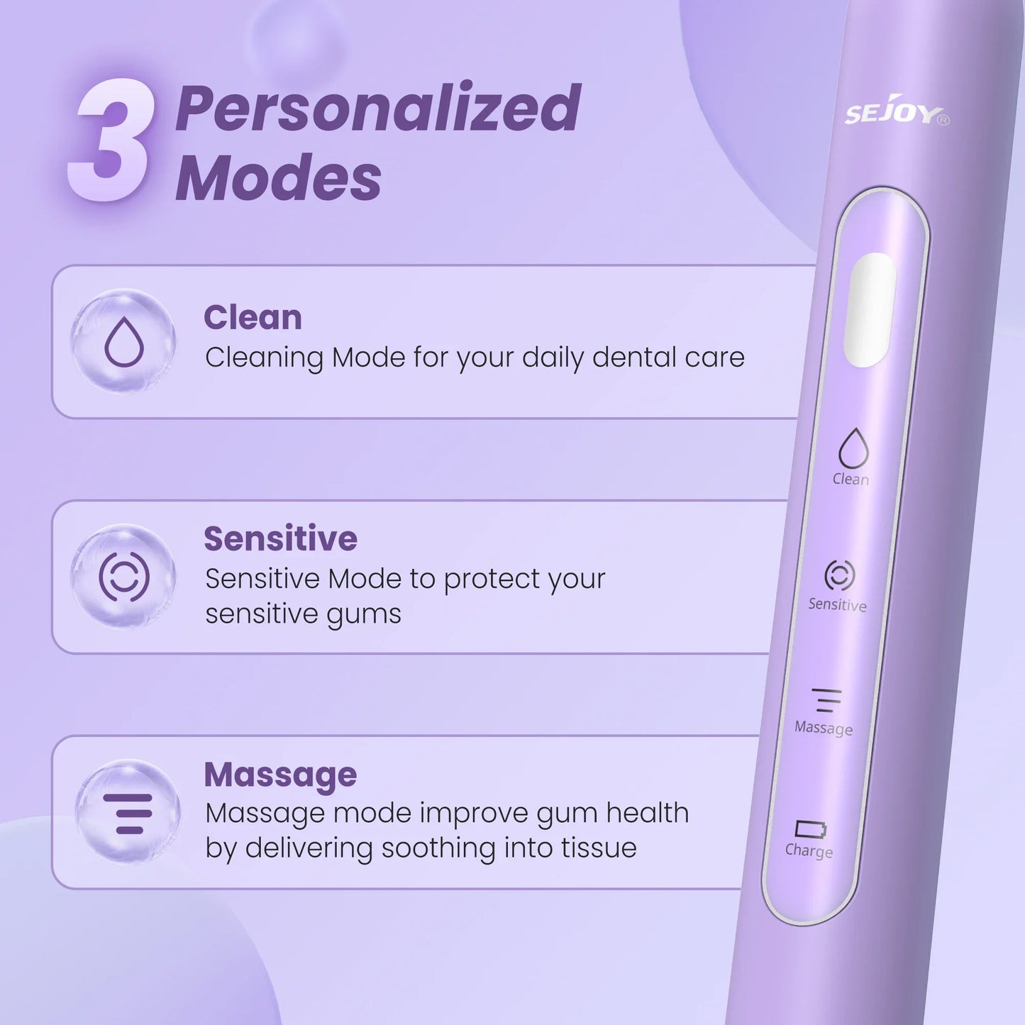 SEJOY Oral Cleaning Sonic Electric Toothbrush Personal Care Appliances IPX7 3 Modes Smart Rechargeable Automatic Toothbrush