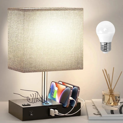 Bedside Table Lamp for Bedroom Office Nightstand Lamp with AC Outlet Port 2 USB Charging Ports & 3 Way Dimmable Touch Lamp