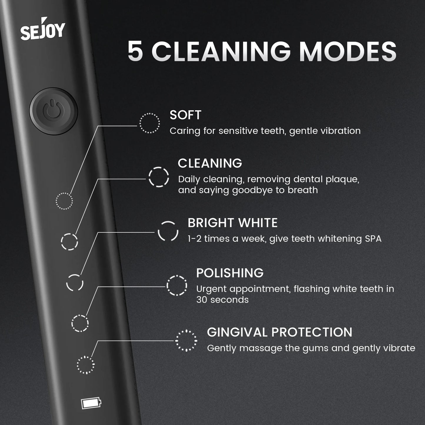 Sejoy Sonic Electric Toothbrush witht 10 pcs IPX7 600mAh Replacement Heads Rechargeable Electric Power Toothbrush