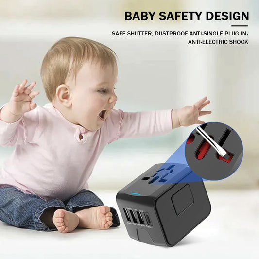 International Power Plug Adapter Portable Power Adapter Charger 3 USB and 1 Type C Ports for for USA EU UK AU Cell Phone Laptop