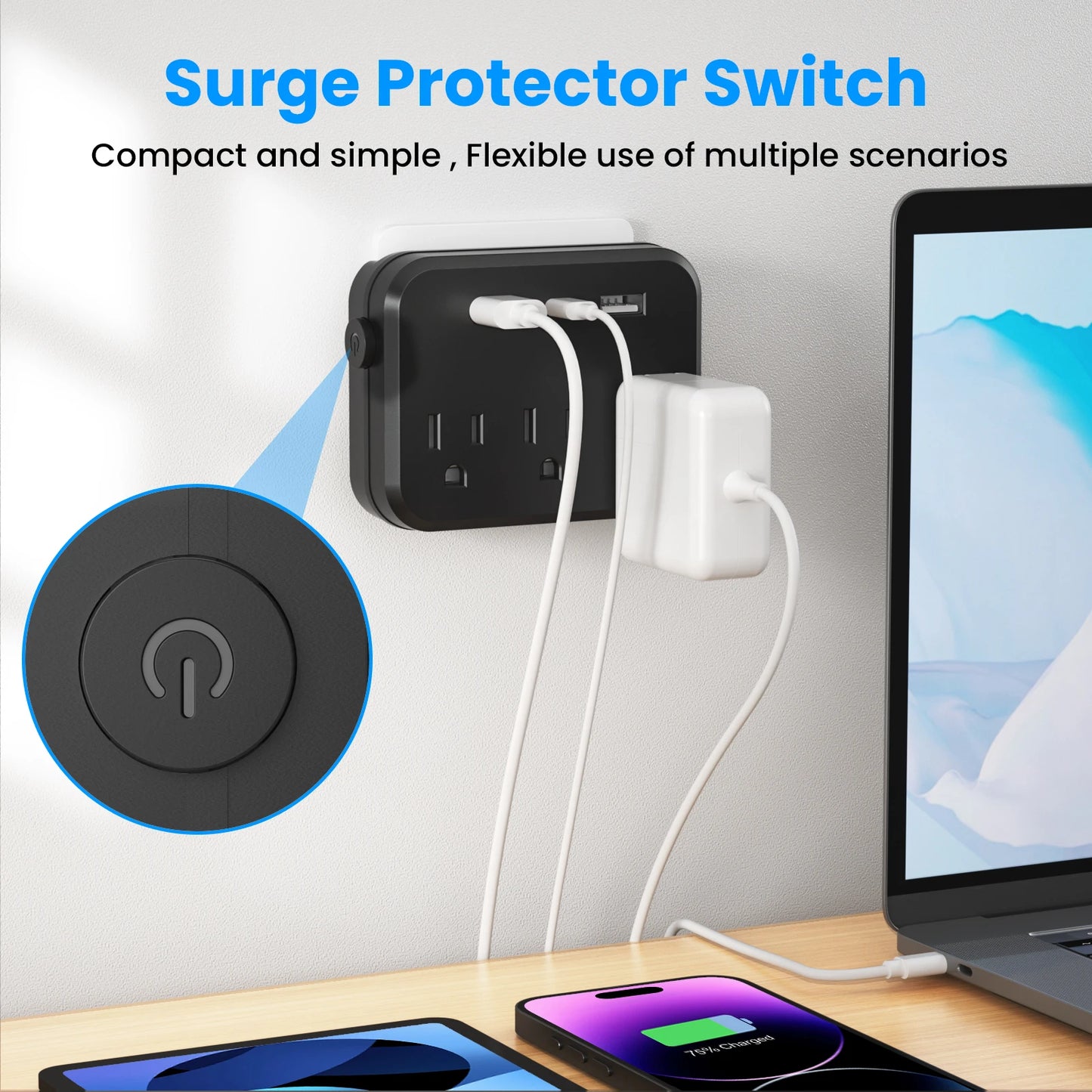 TRANSTON US,Switch with surge protector Mini Portable power strip  6-in-1 Multifunctional 3 power strip  2 USB ports 1 USB-C